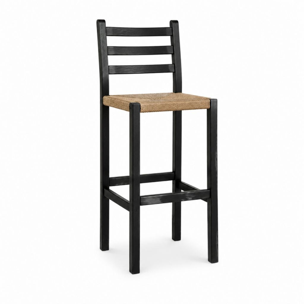 Barhocker mit Rückenlehne Schwarz aus massivem Buchenholz mit Papierkordelsitz 42 x 45 x 105 cm
