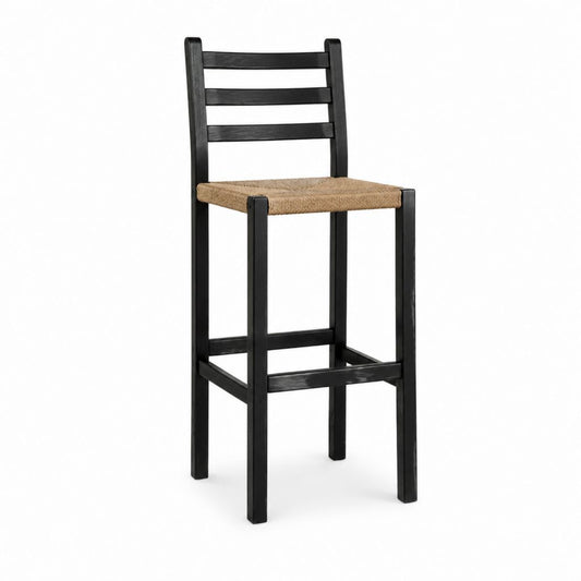 Barhocker mit Rückenlehne Schwarz aus massivem Buchenholz mit Papierkordelsitz 42 x 45 x 105 cm