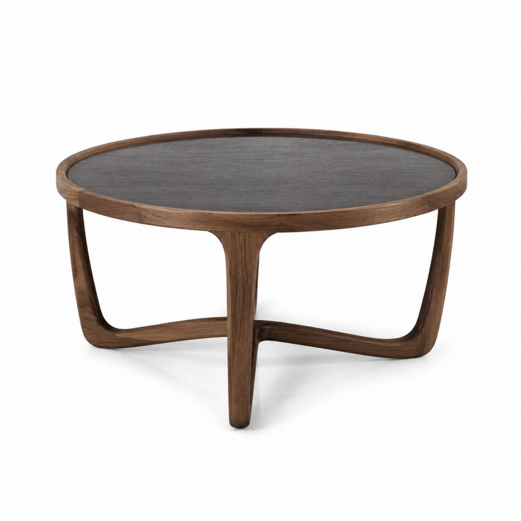 Runder Couchtisch Walnussholz Rauchglas Grau Ø 90 cm Höhe 40 cm