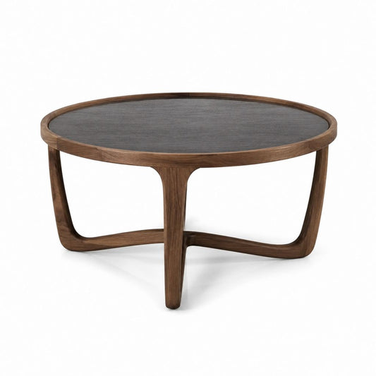 Runder Couchtisch Walnussholz Rauchglas Grau Ø 90 cm Höhe 40 cm