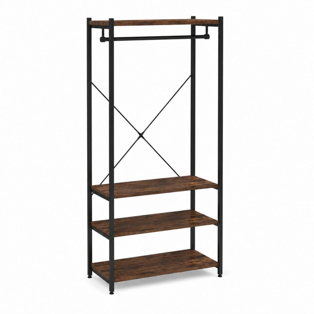Offener Kleiderschrank mit Kleiderstange und 3 Ablagen Braun Schwarz Stahl MDF 100 x 40 x 180 cm